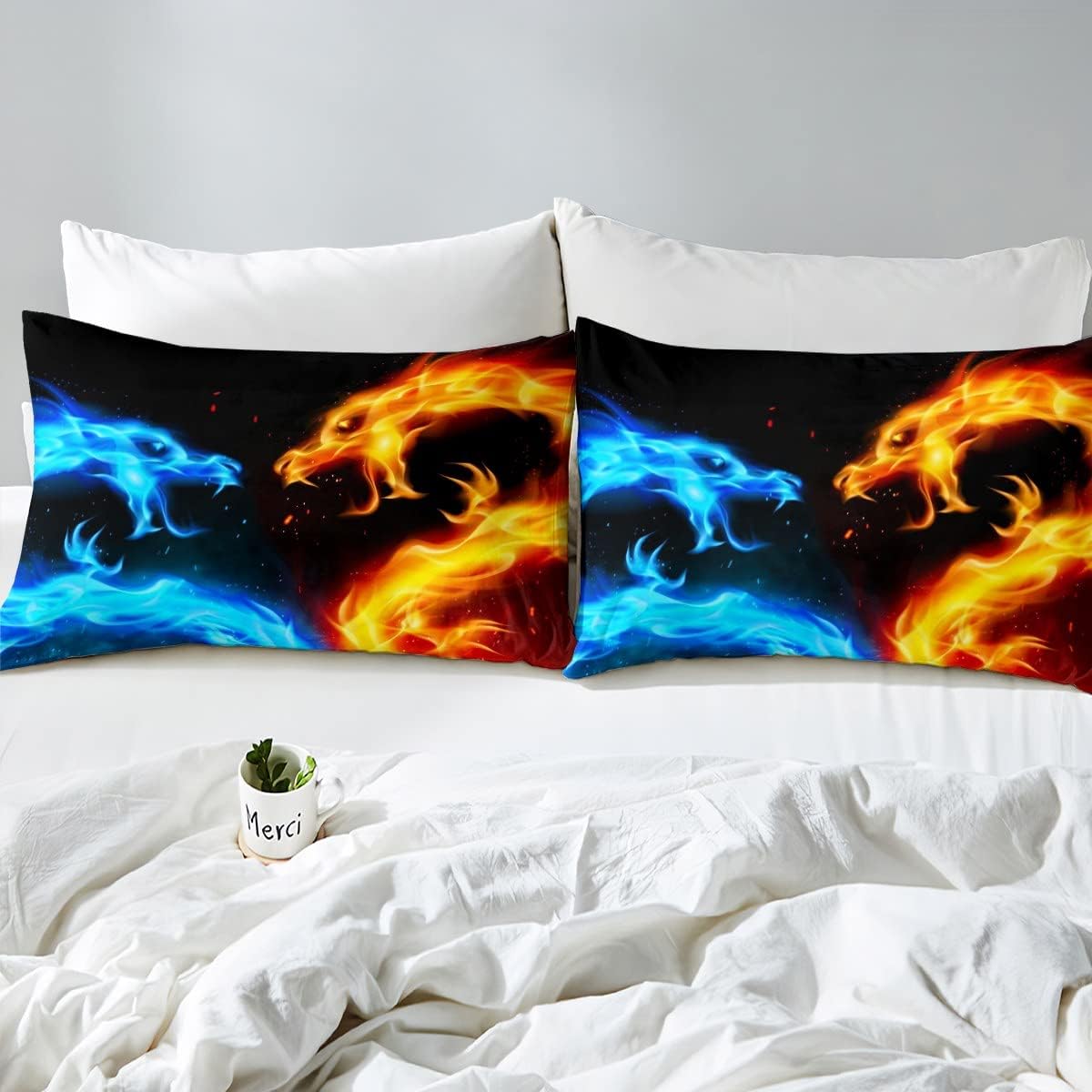 Erosebridal Juego de edredón de dragón de fuego de hielo, juego de ropa de cama tamaño Queen para niños, adolescentes, adultos, decoración de