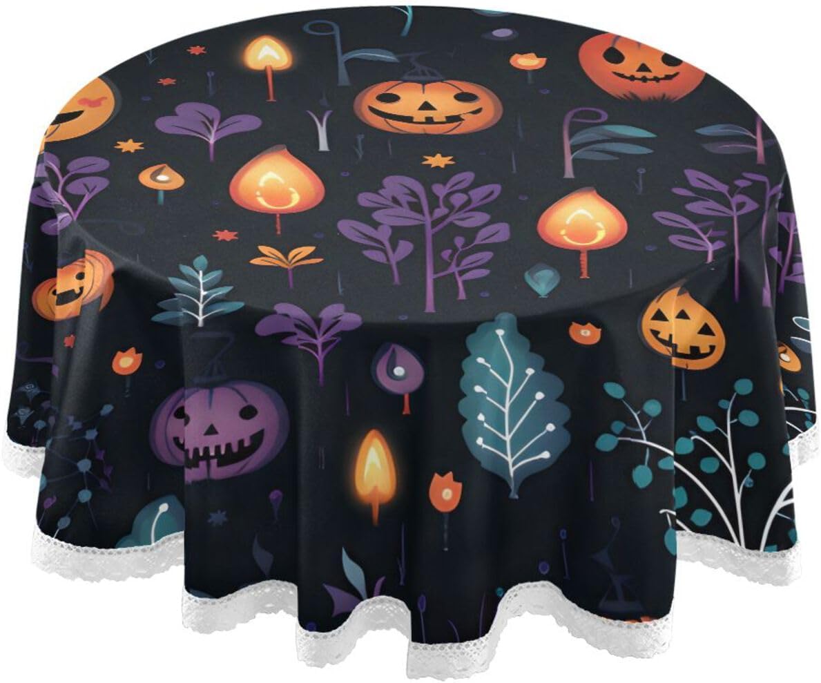 ZOEO Mantel redondo de calabazas de Halloween con hojas de 60 pulgadas, reutilizable, mantel circular de poliéster, lavable, mantel circular para
