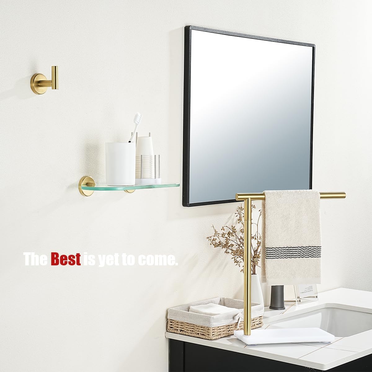 JQK Estante de vidrio para baño dorado, almacenamiento de ducha de vidrio templado de 12 x 5 pulgadas, montaje de pared dorado cepillado de acero