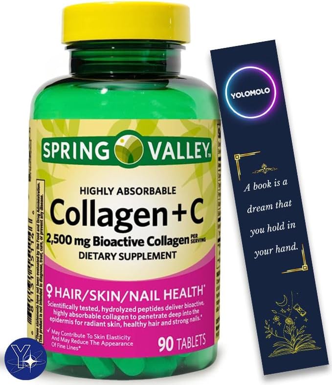 Comprimidos de colágeno altamente absorbible + C Suplemento dietético Spring Valley, 2,500 mg, 90 unidades y marcador de YOLOMOLO