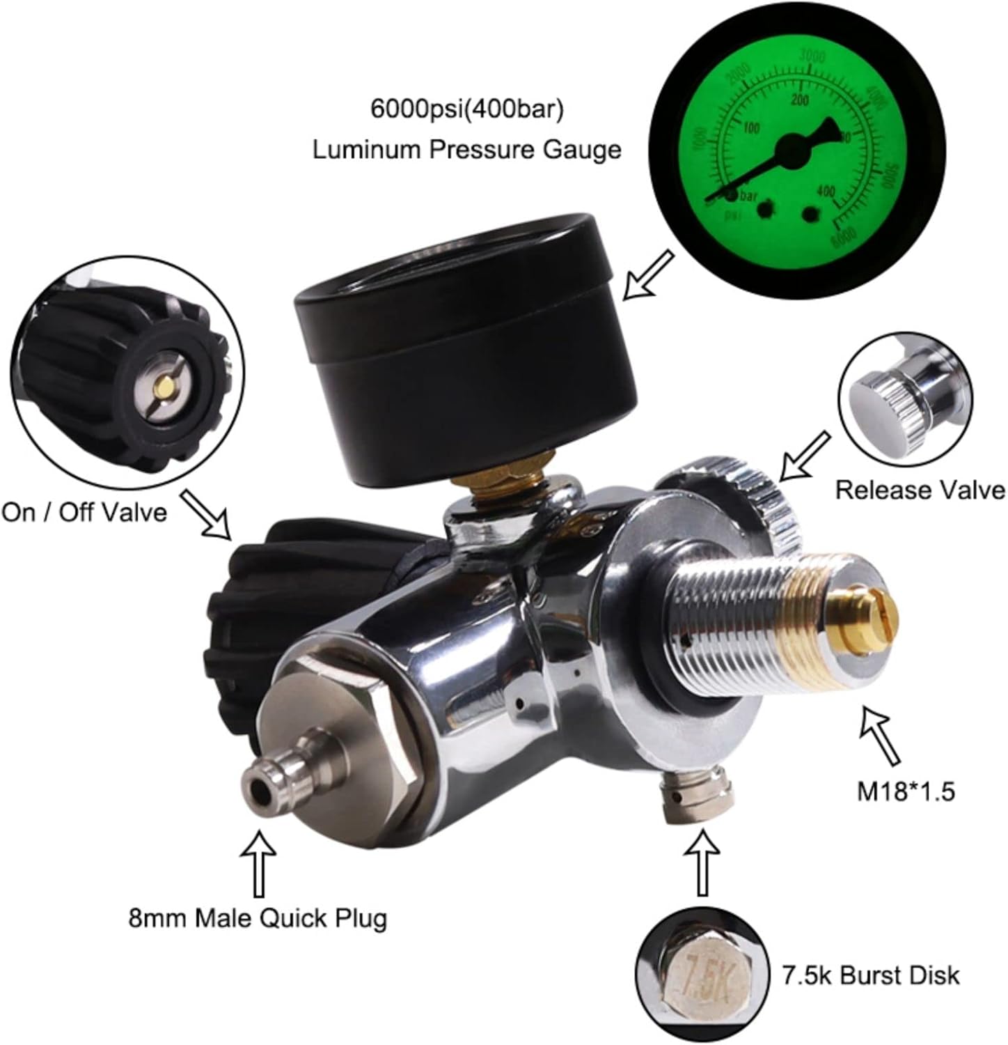TUXING Tanque de aire de fibra de carbono 4500psi 6.8L, regulador de aire comprimido ajustable para cilindro de tanque de paintball Pcp con válvula