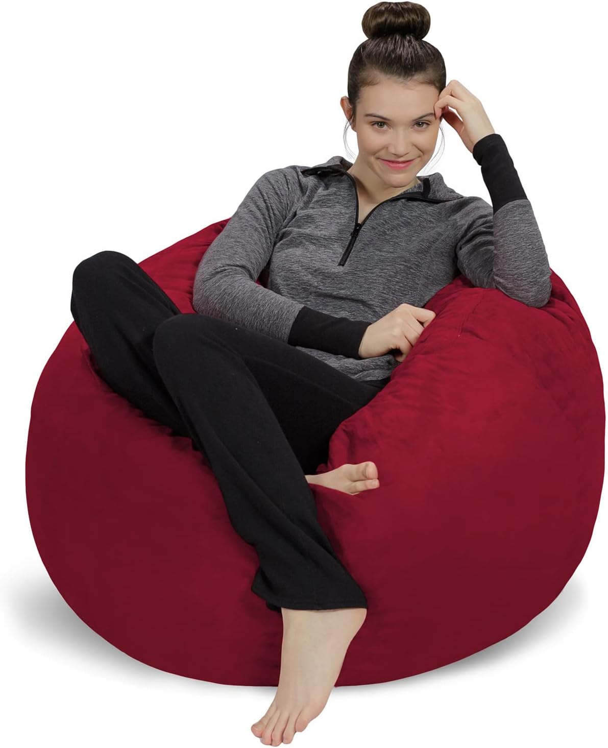 Sofa Sack – Sillón puff Puff de espuma viscoelástica de 3 pies, sofá mediano con funda de microfibra suave, color rojo cereza.