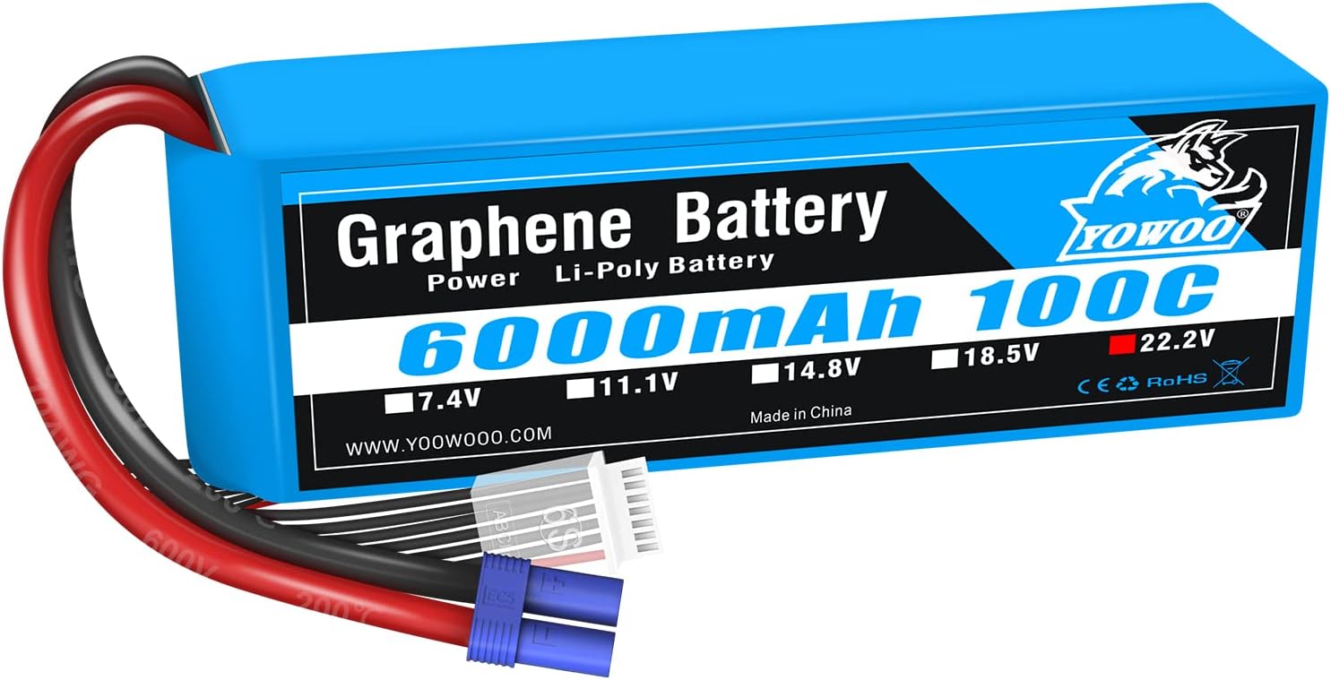 Yowoo 6S 100C 6000mAh 22.2V Lipo Batería con EC5 Plug RC Graphene Lipo para Arrma Mojave EXB Mikado LOGO500 Align T-REX550 600GAUI X5 Outrage 550
