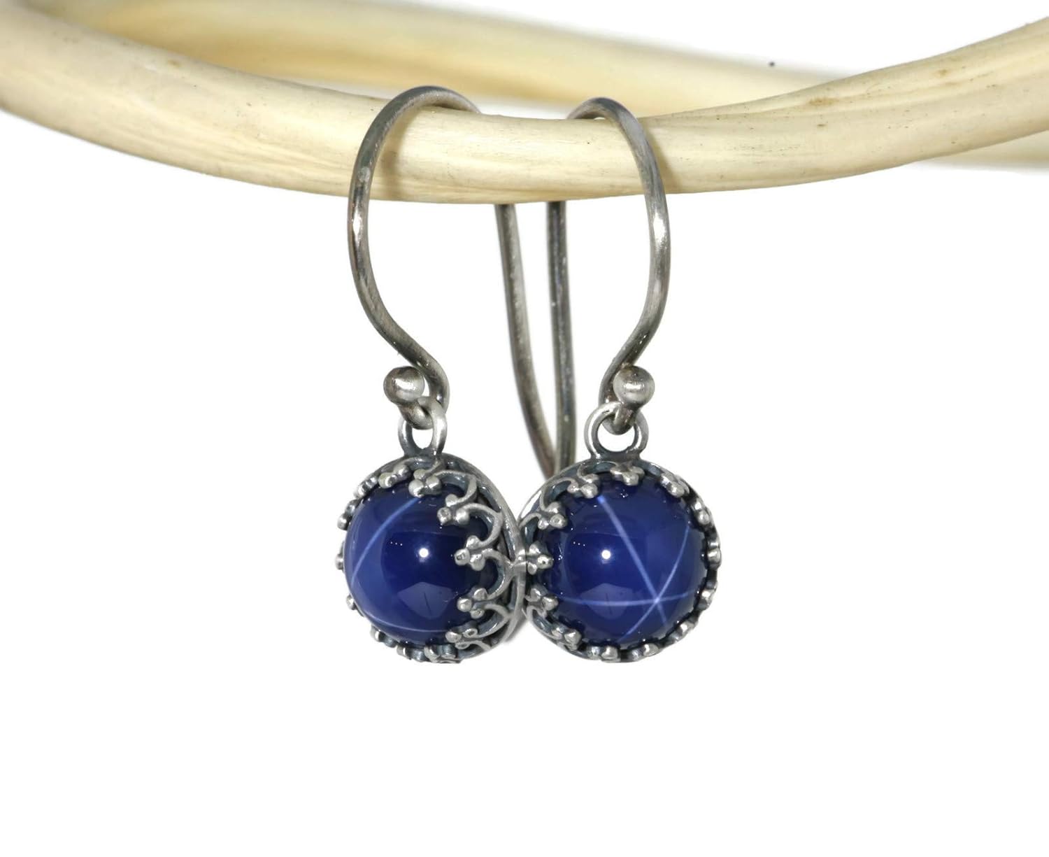 Salish Sea Inspirations Created Blue Star Sapphire Crown Drop Earrings (Round – Vintage)