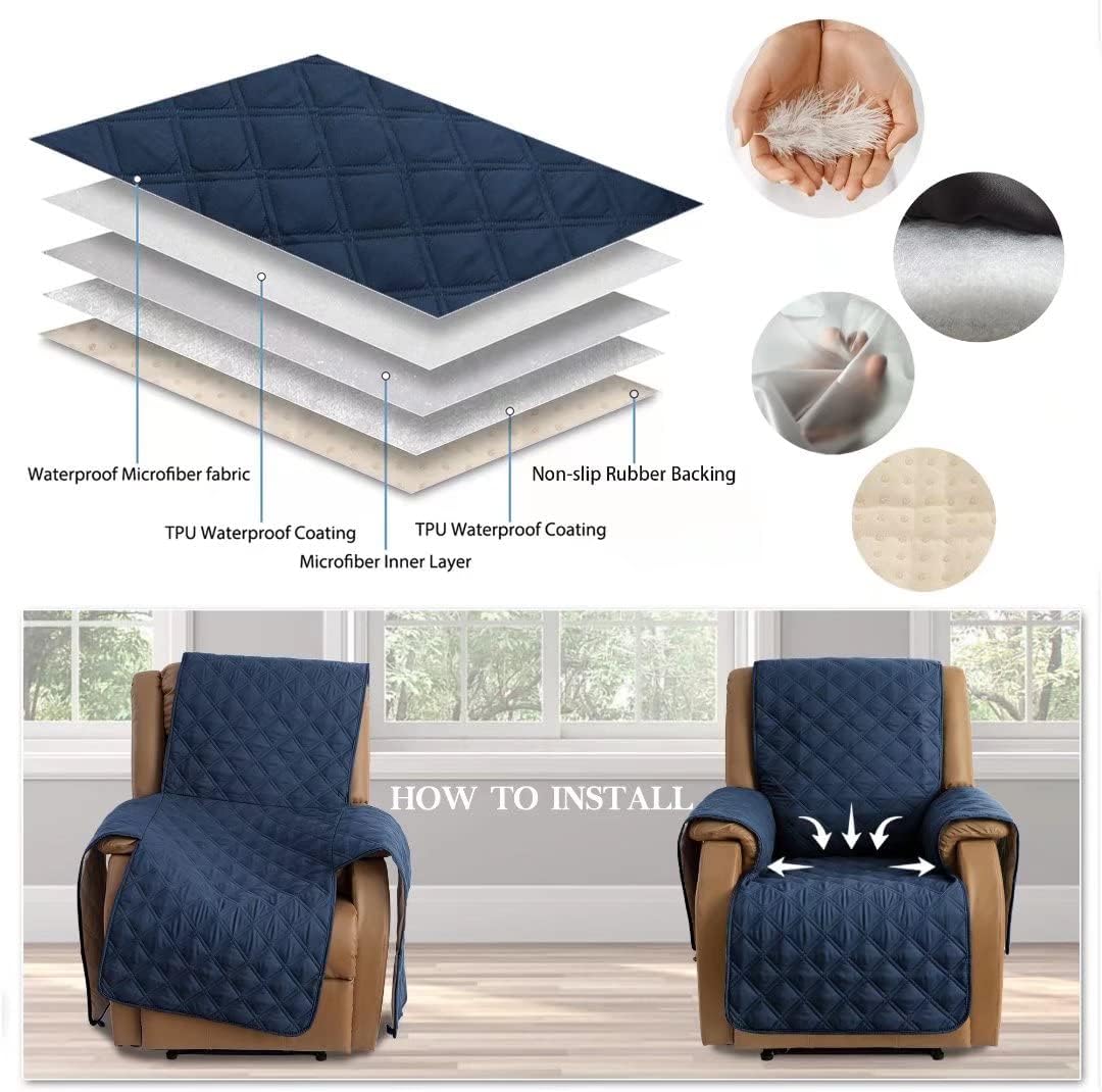 TOMORO Funda reclinable antideslizante de gran tamaño, 100% impermeable, acolchada para silla reclinable, protector de muebles con bolsillos, funda