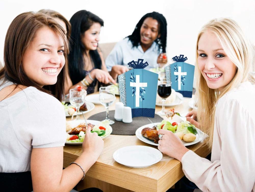 Big Dot of Happiness Cruz azul elegante – Decoraciones de mesa – Centros de mesa plegables para fiestas religiosas para niños, 10 unidades