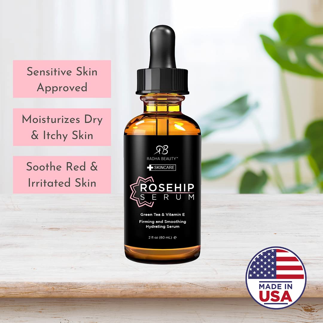 Radha Beauty Suero facial prémium de rosa mosqueta de 2 onzas con aloe, té verde y hamamelis, solución natural antienvejecimiento para el cuidado de