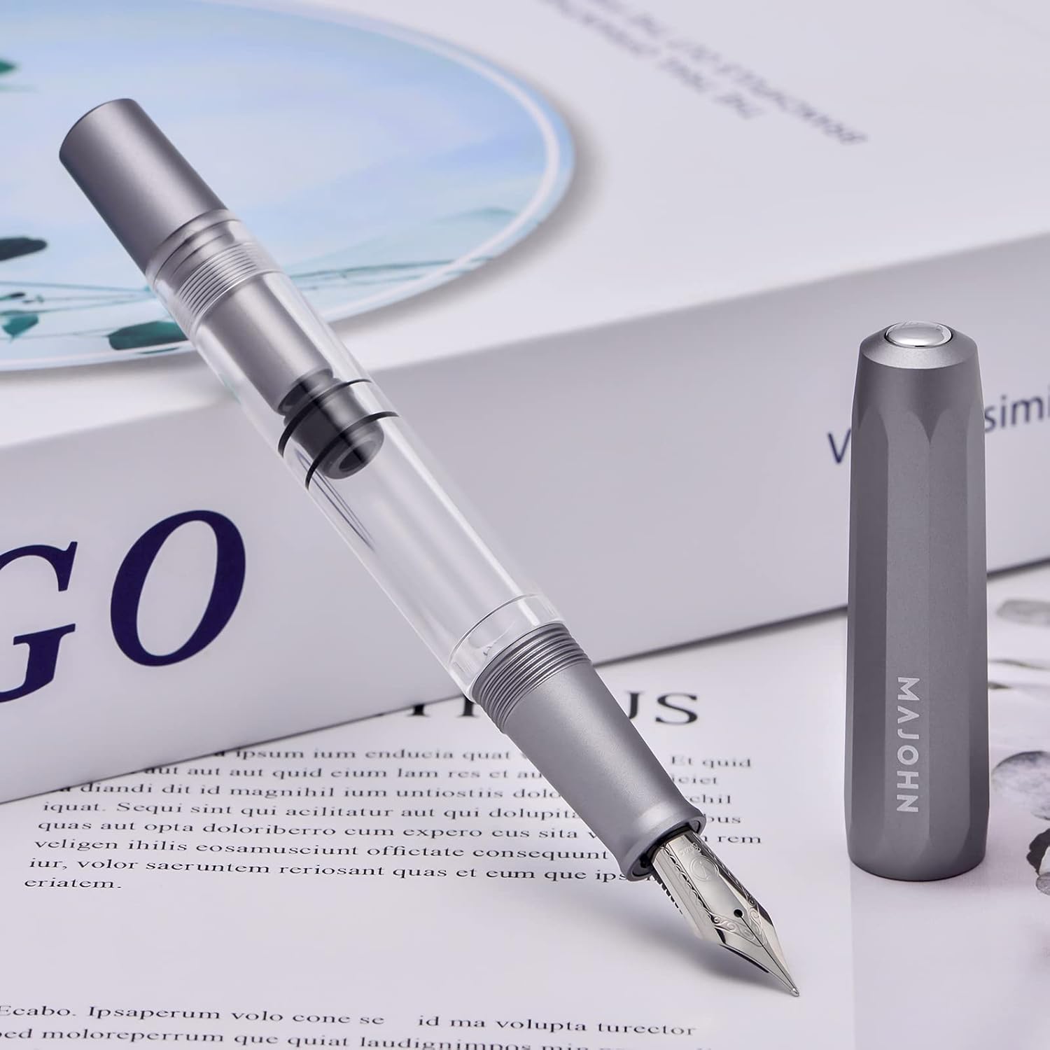Pluma estilográfica de pistón T1, punta fina, caja de pluma de escritura de gran capacidad de tinta de acrílico transparente de aluminio gris