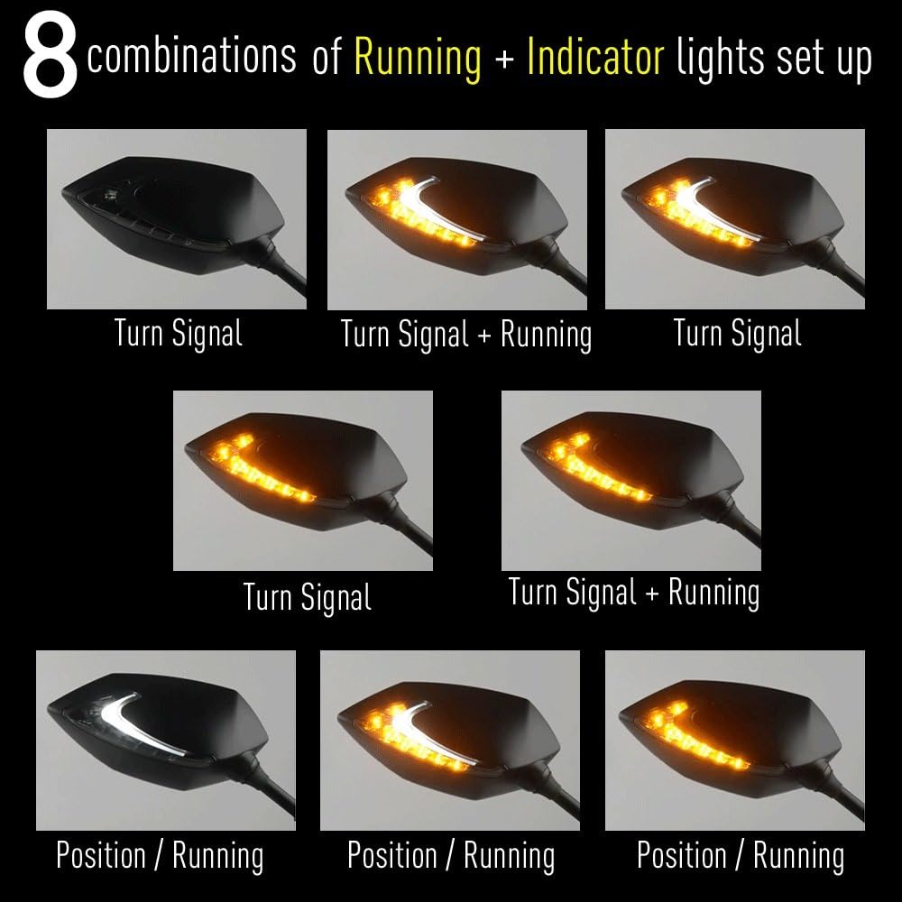 KiWAV Espejos de motocicleta Lucifer – Soporte de carenado integrado con doble luz LED de 2 colores, blanco y ámbar, indicadores de giro de