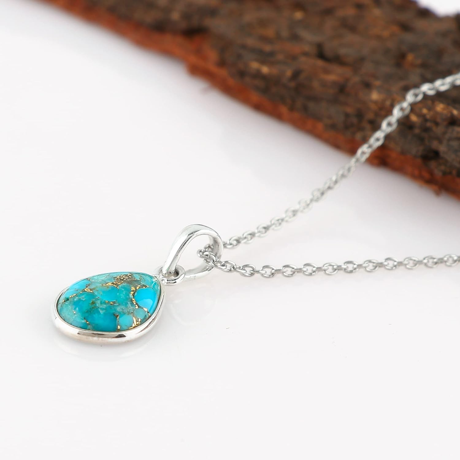 Solid 925 Sterling Silver Necklace – Natural Blue Turquoise Gemstone Bezel Pendant – Designer Boho – Handmade – Elegant Jewelry – Minimalist – Gift