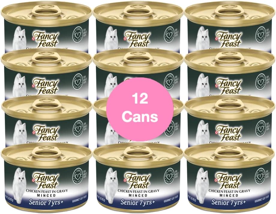 Fancy Feast – Alimento húmedo para gatos con alto contenido de proteínas, pollo picado en salsa para personas mayores, paquete de 12 latas (3 onzas)