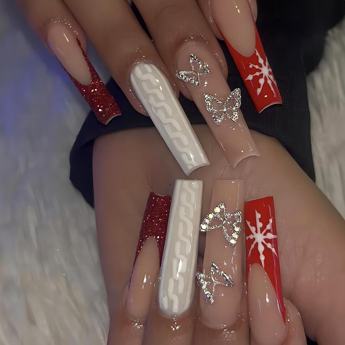 RTKHFZE Uñas postizas largas a presión, uñas postizas de ataúd, uñas postizas de cobertura completa con diseños de mariposas y copos de nieve, uñas