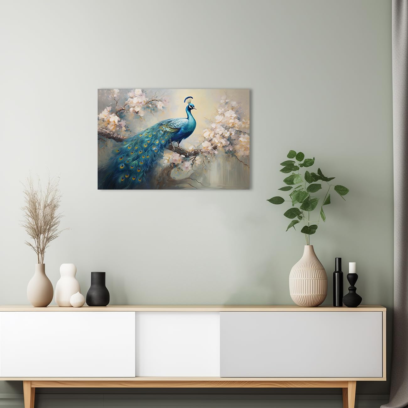 QIXIANG Lienzo decorativo para pared, diseño retro y elegante de pavo real sobre ramas de flores, impresiones de imágenes para decoración del hogar