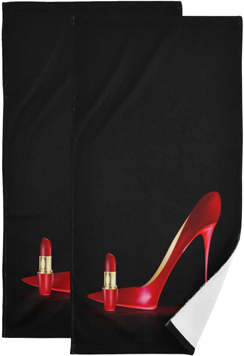 KENADVI Juego de 2 toallas de mano negras y rojas para baño, cocina, con tacones altos, lápiz labial, moderno, a la moda, suaves y absorbentes,