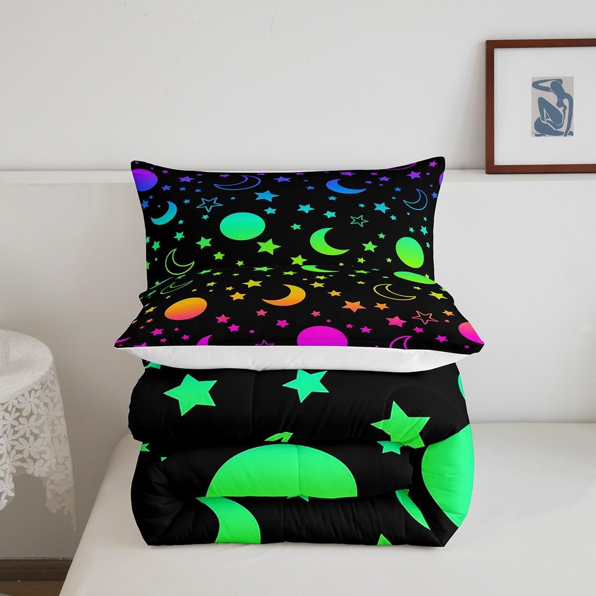 Erosebridal Juego de edredón para niñas, tamaño King, galaxia, estrellas, arcoíris, espacio, con relleno de edredón negro, morado, rosa, verde