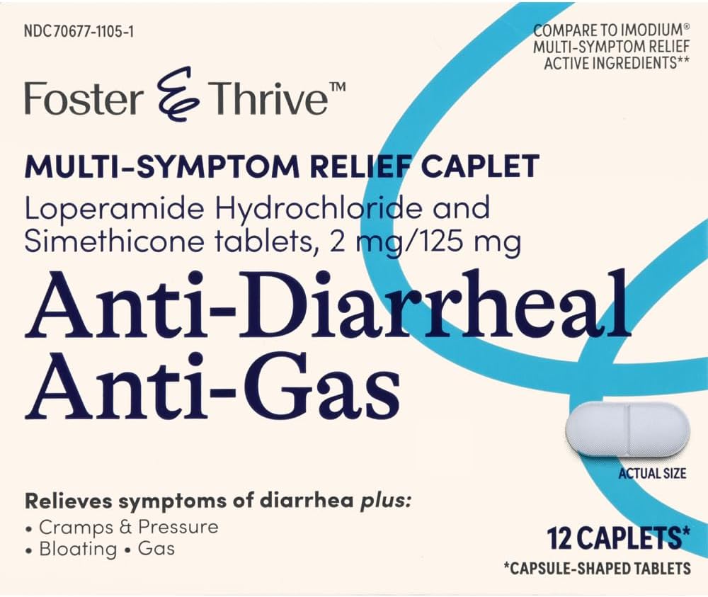 Foster & Thrive Cápsulas antidiarreicas antigaseosas para aliviar múltiples síntomas con clorhidrato de loperamida y simeticona, tratamiento de