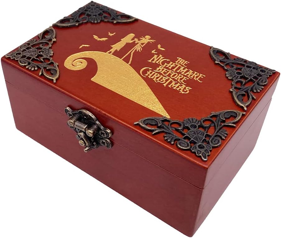 Youtang Caja de música con espejo de Nightmare Before Christmas, caja musical de madera grabada con láser, regalo musical para ella, él, novia,