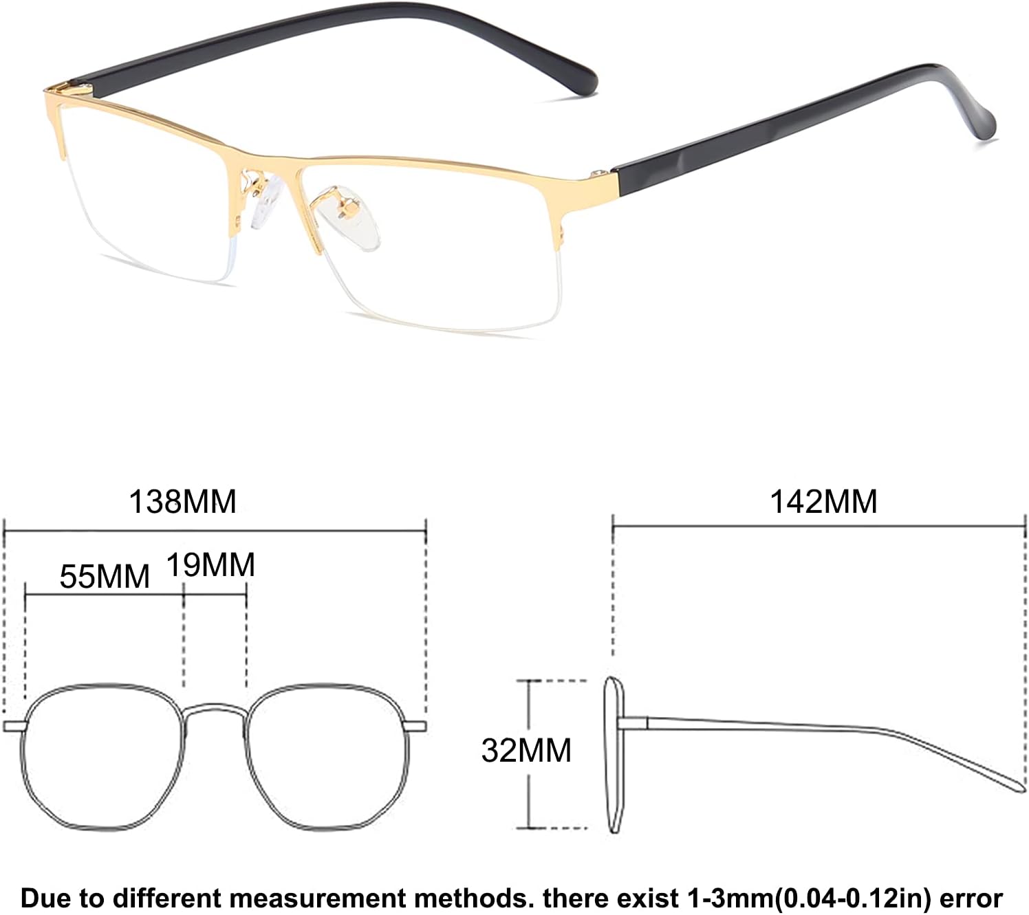 QECEPEI Gafas de luz azul anti Rectángulo Marcos de metal Semi-Rimless Computer Gaming Eye-glasses Lente clara Oro