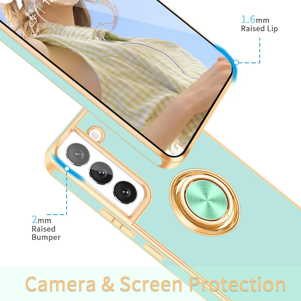 Fingic Funda para Samsung Galaxy S22, Galaxy S22 con soporte de anillo, soporte de anillo giratorio de 360 magnético borde dorado brillante Funda