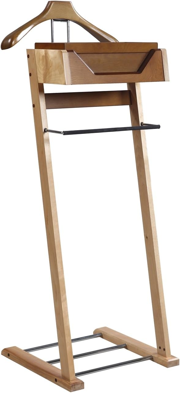 Proman Products Newport Suite Valet Stand VL37034 con bandeja superior, colgador de contorno, barra de pantalones y zapatero, 18 pulgadas de ancho x
