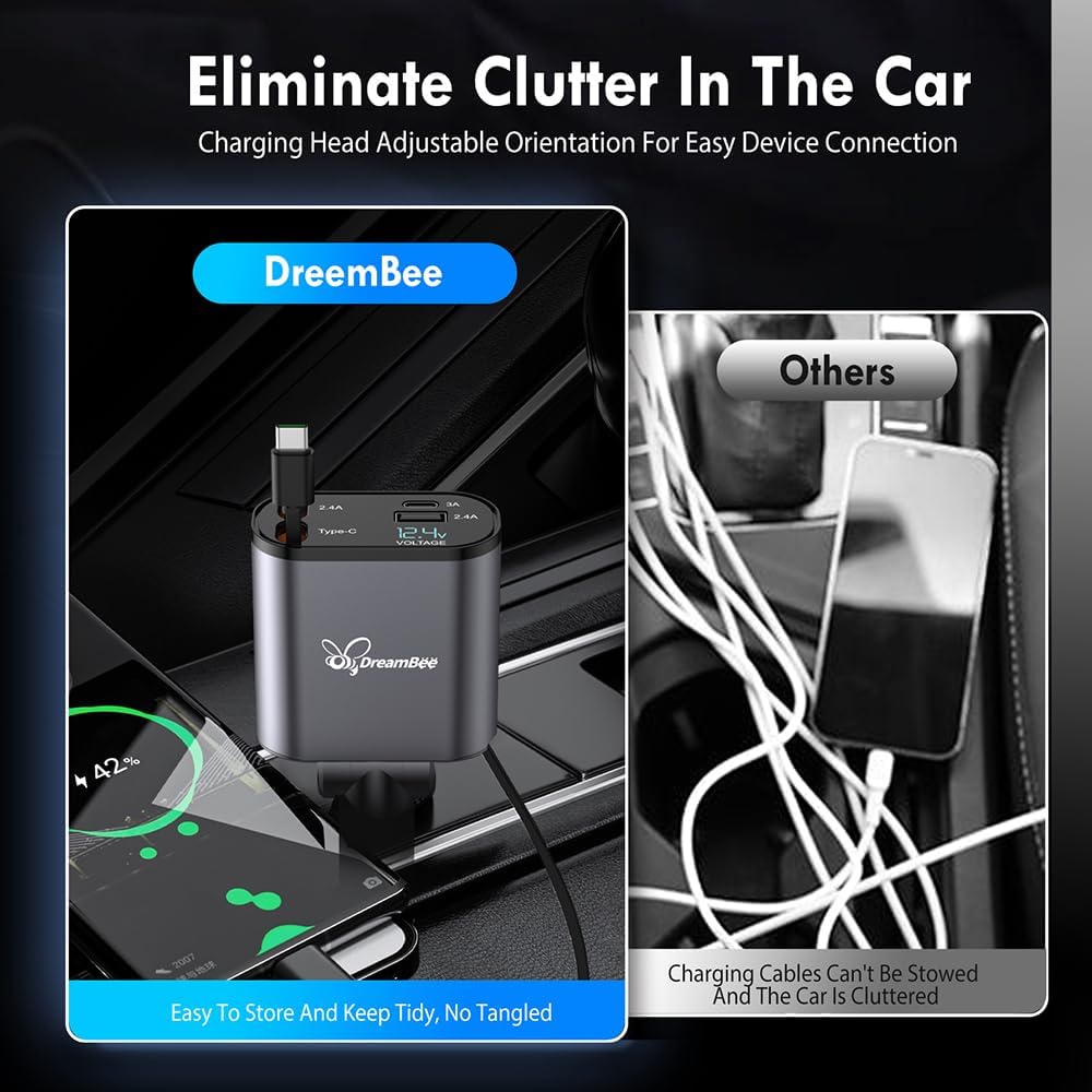 Retractable Car Charger,66W Super Fast USB Car Phone Charger,Dual TypeC Retractable Cables (31.5 inch) and 2 USB Ports Car Charger Adapter for