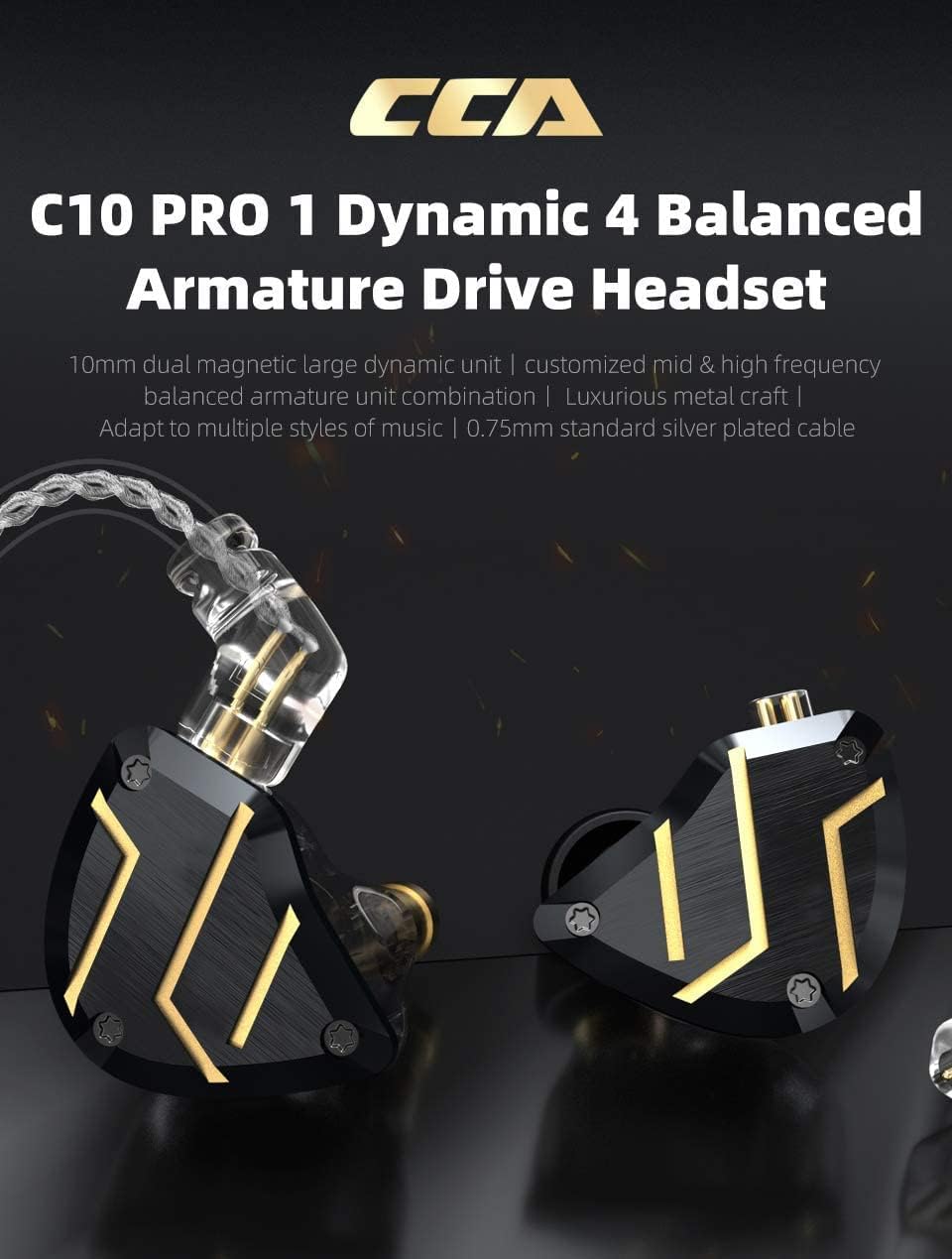 CCA C10 Pro – Monitor de oído HiFi 1DD 4BA híbrido de cinco controladores intrauditivos, carcasa de aleación de aluminio+auriculares con cable de