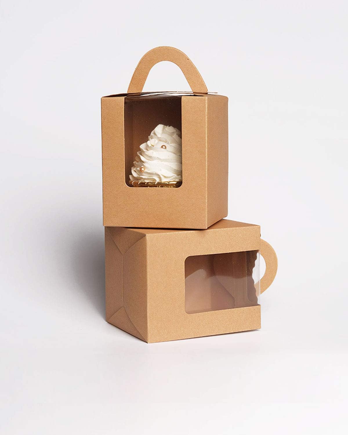qiqee Cajas de magdalenas Kraft 60 paquetes individuales para cupcakes cajas desechables marrones individuales para cupcakes con ventana 3.6 x 3.6 x