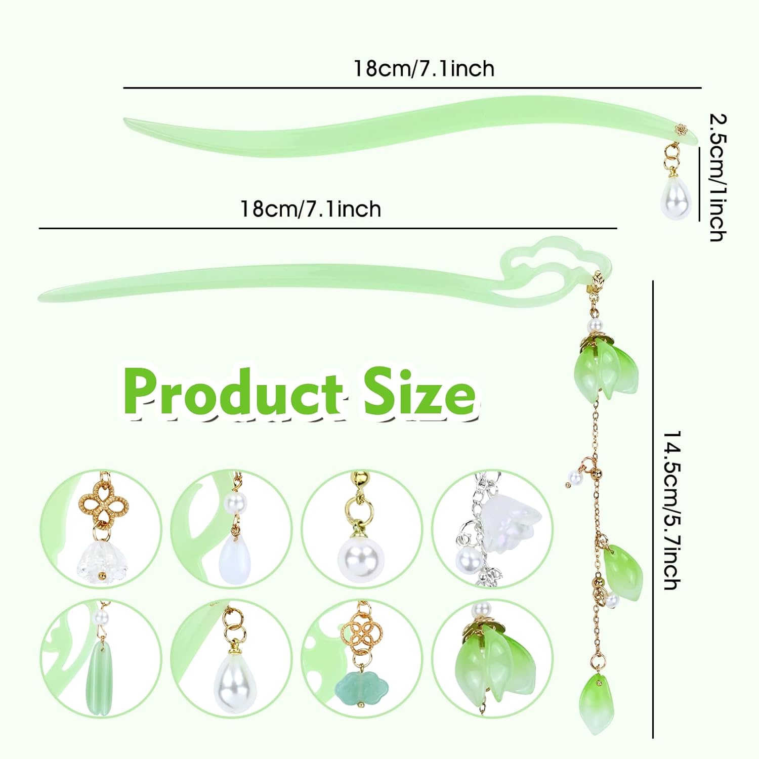 inSowni 8 piezas decorativas vintage retro tradicional asiático chino Hanfu verde falso jade palitos de plástico con colgantes de cuentas de flores,