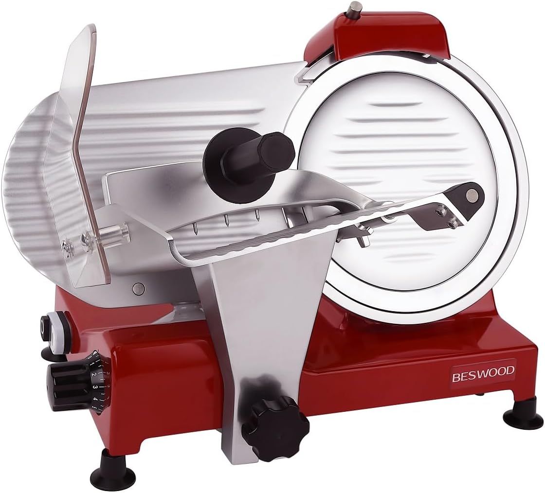 BESWOOD 10″ Premium Cromo plateado acero hoja eléctrica Deli carne queso rebanador de alimentos con plato de servir comercial y para uso doméstico