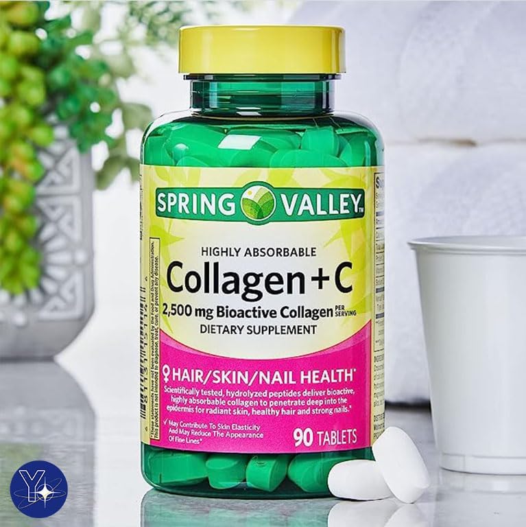 Comprimidos de colágeno altamente absorbible + C Suplemento dietético Spring Valley, 2,500 mg, 90 unidades y marcador de YOLOMOLO