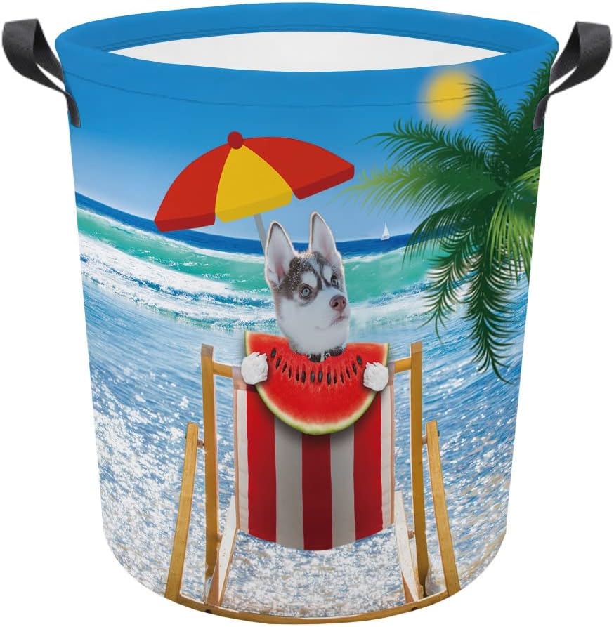 MALIHONG Cesta plegable con estampado de perro, divertida cesta de lavandería de sandía Husky con asa, caja de juguetes, bolsa de almacenamiento