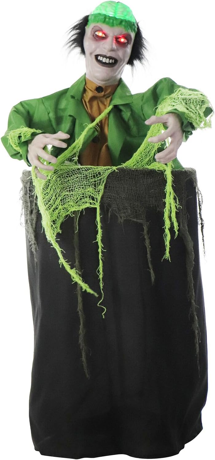 Haunted Hill Farm Zombi animatronic Thrashing en un barril con cerebro y ojos iluminados para decoración de Halloween con pilas para interiores o