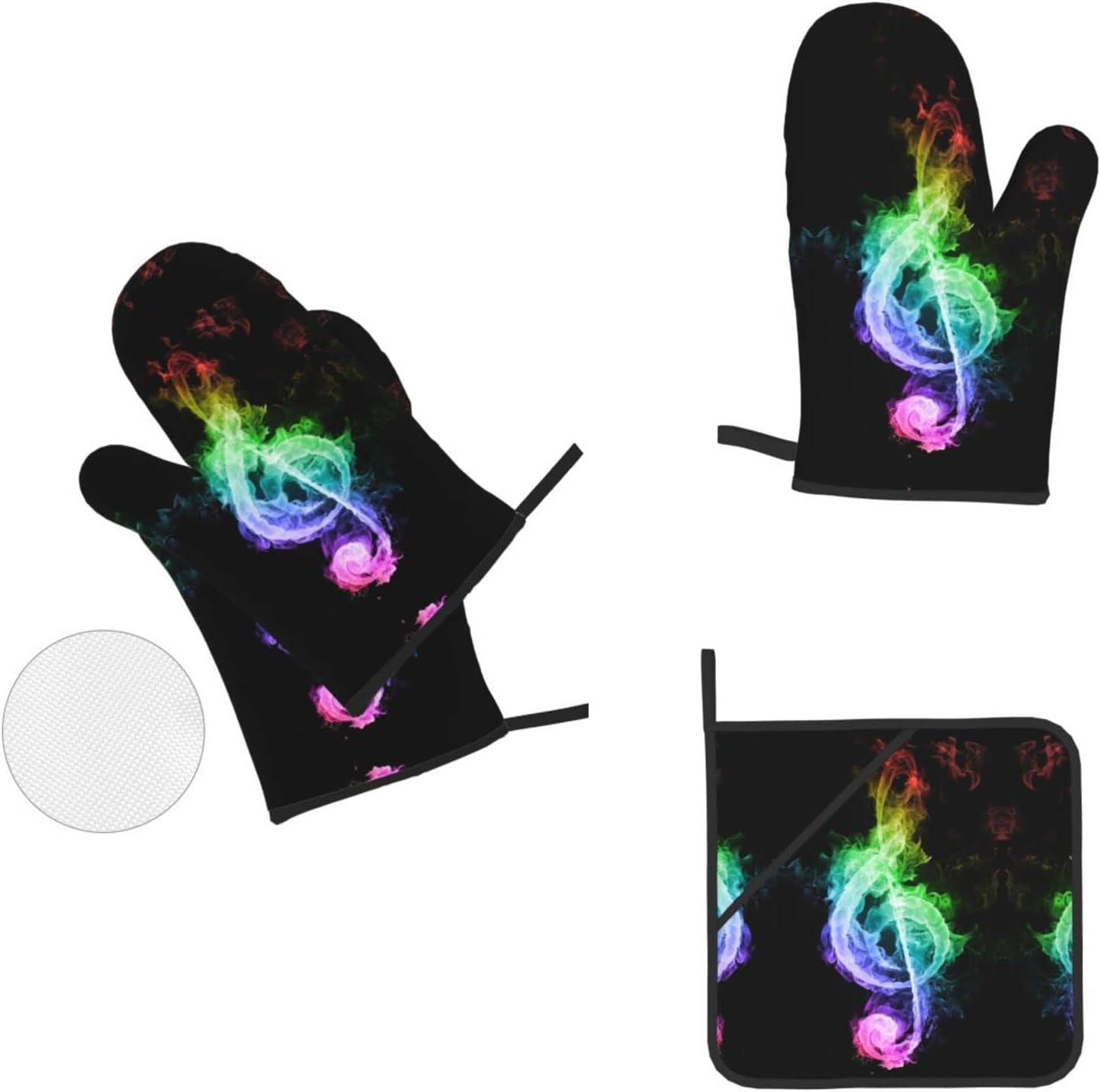 Juego de 4 guantes de horno y soportes para ollas de notas musicales coloridas, resistentes al calor, antideslizantes, de algodón, para cocinar