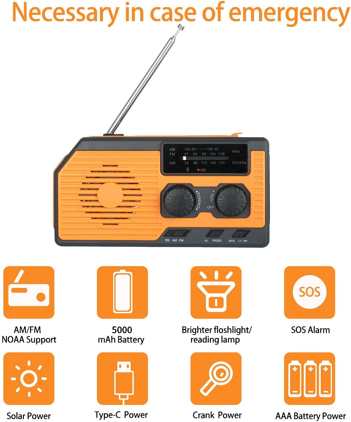 1 Set AMFMSolar Radio with 5000 MAh Charging PowerSOS AlarmReading Light Function for Outdoor