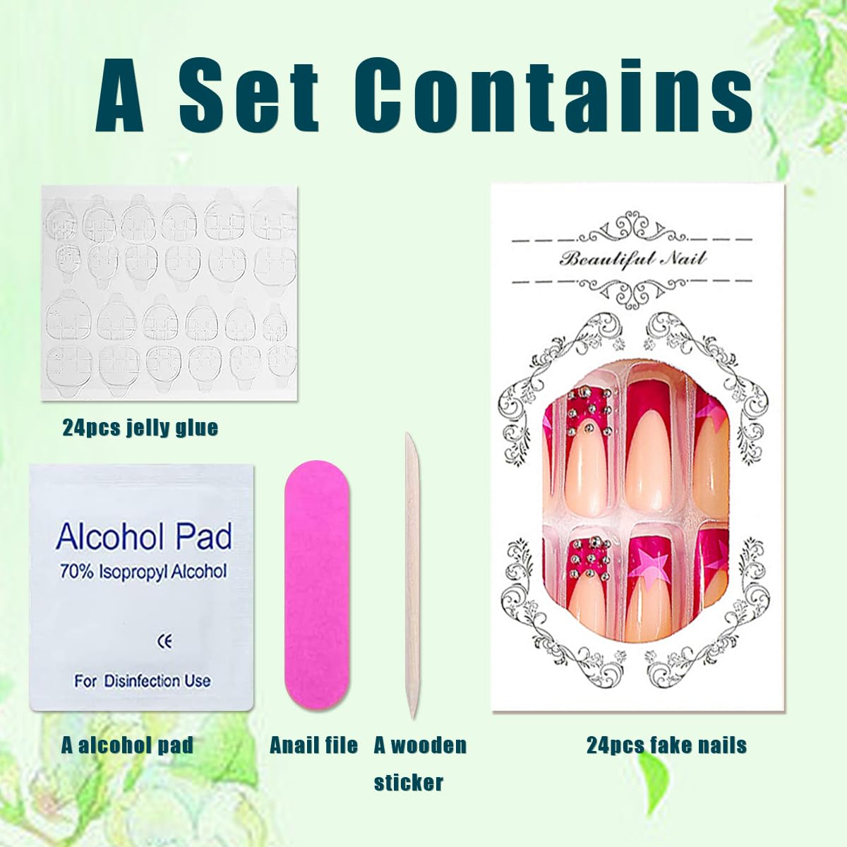 Uñas postizas a presión en forma de ataúd con punta francesa, cuadradas, largas, con diamantes de imitación, uñas acrílicas de punta rosa con cinco
