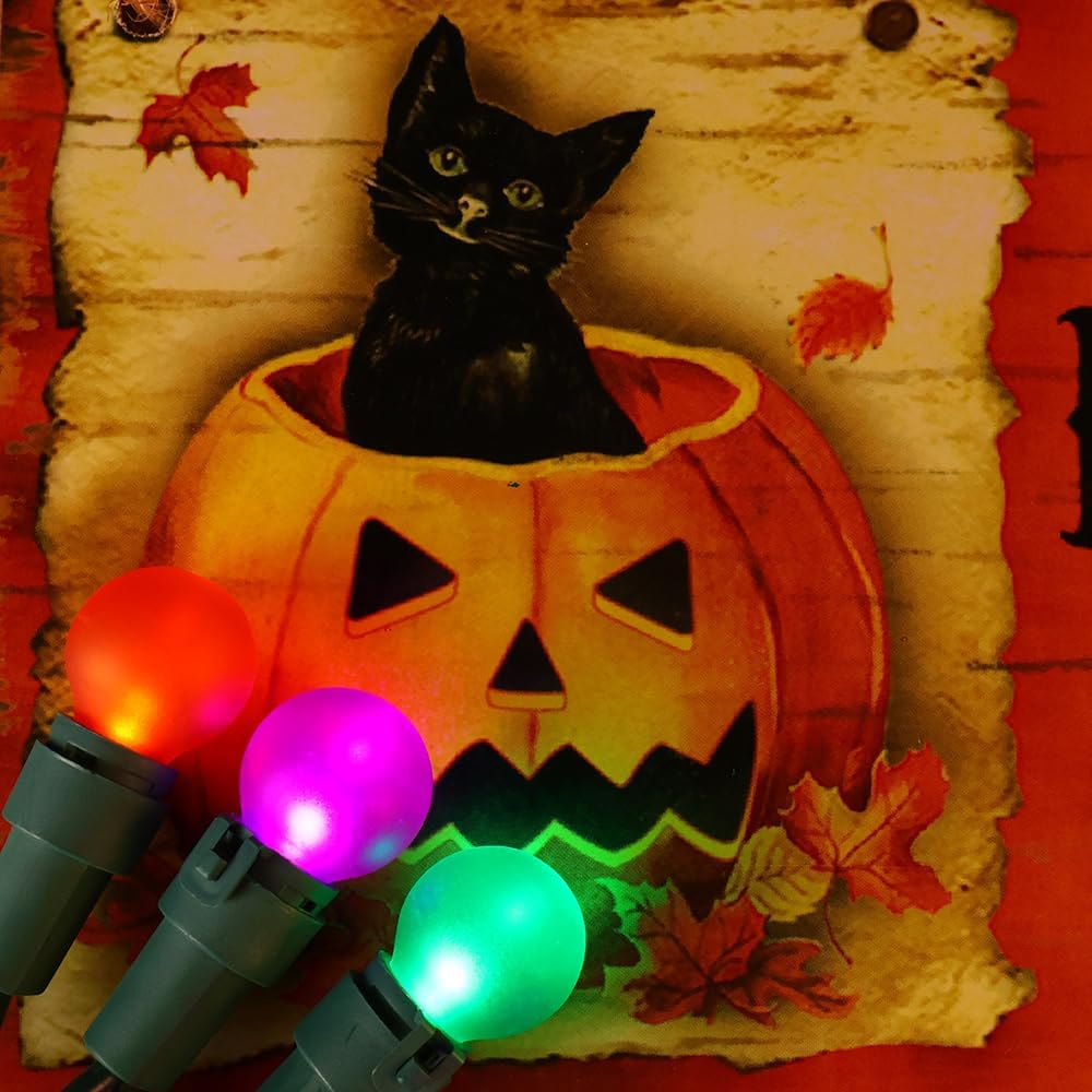 Guirnalda de luces de Halloween naranja, morado y verde, 50 luces LED, 13.5 pies, certificación UL, G15, luces multicolor para Halloween al aire