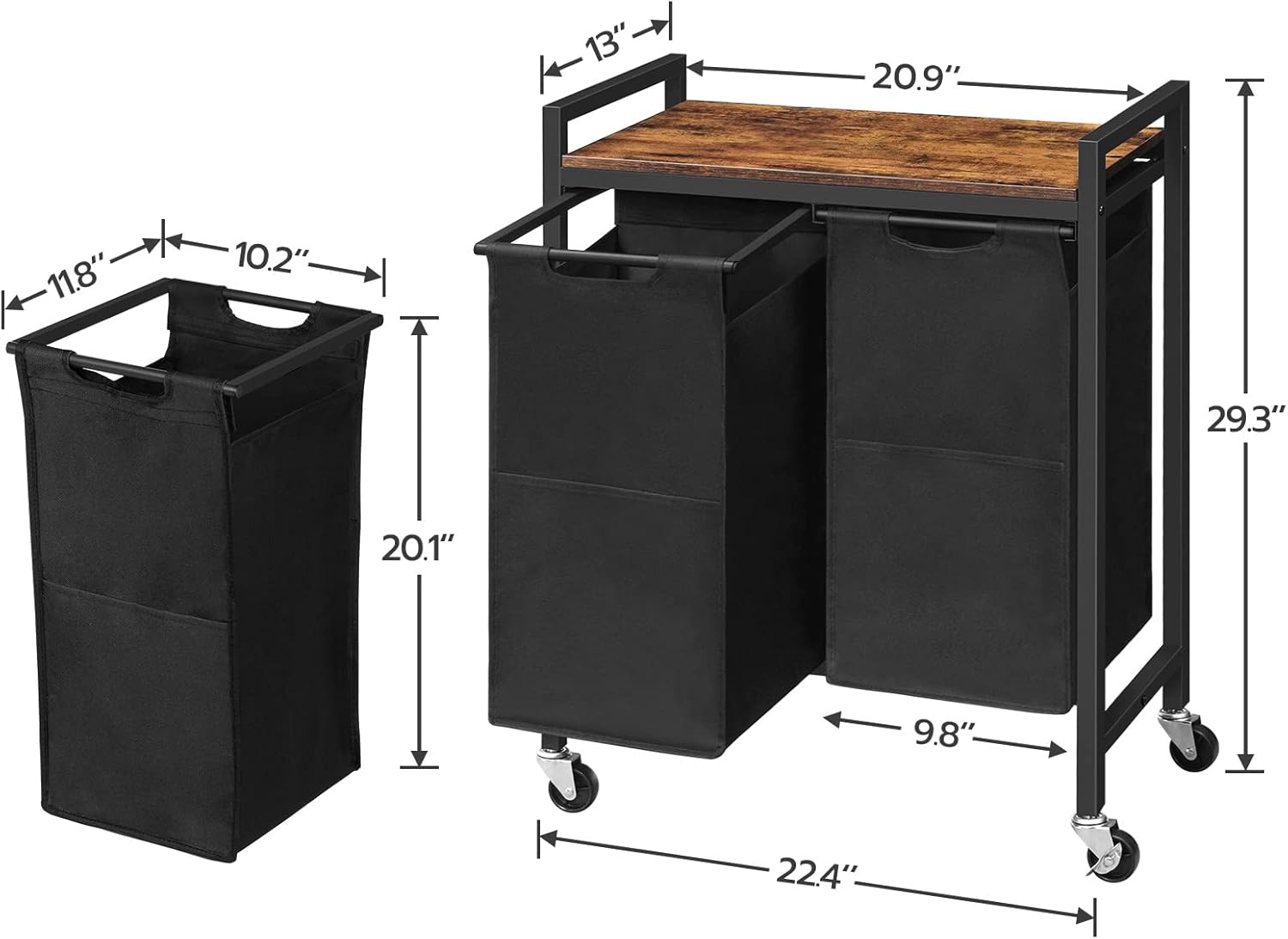 Cesta de lavandería, clasificador de ropa sucia de 2 secciones, cesta de lavandería con ruedas, carrito rodante, bolsas de tela Oxford extraíbles y