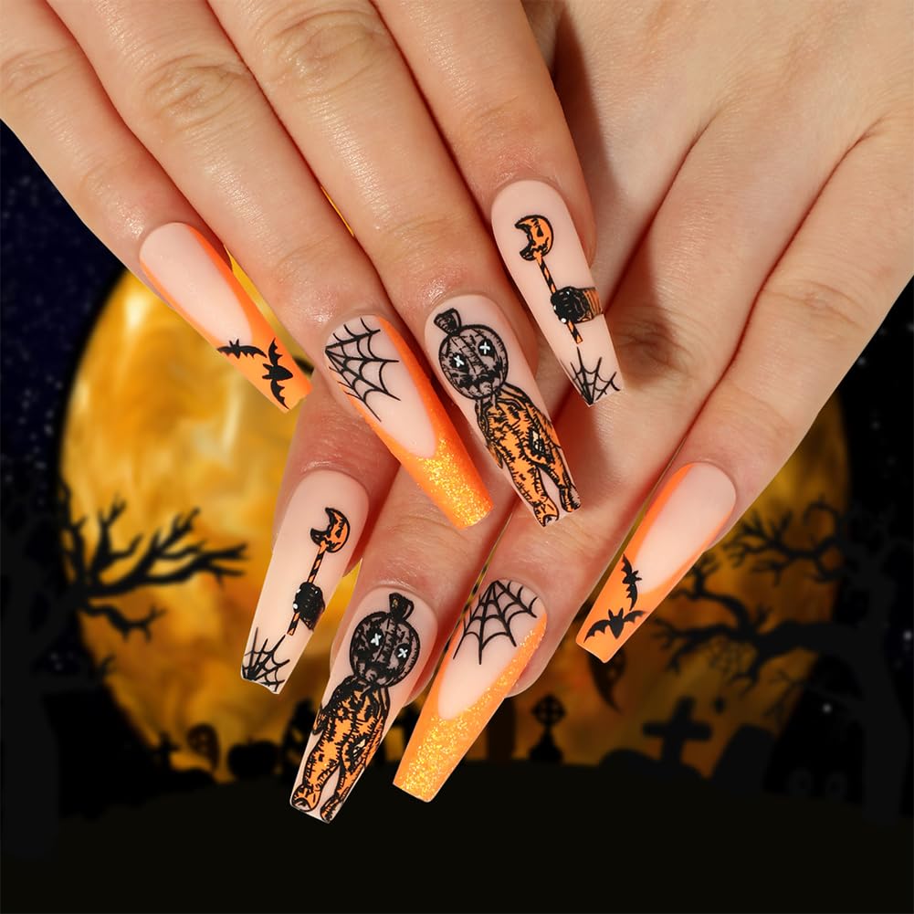 Uñas postizas a presión de Halloween, 24 unidades (12 tamaños), color naranja y negro, con punta francesa, uñas artificiales acrílicas con diseño de