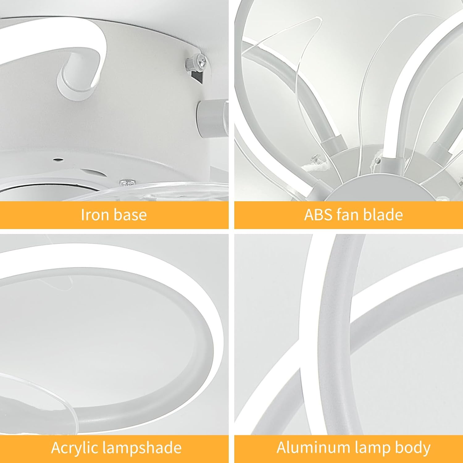 Moderno ventilador de techo remoto inteligente para dormitorio de 19.7 pulgadas con luz LED, lámpara de montaje empotrado de perfil bajo con