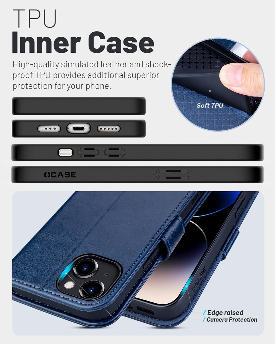 OCASE Funda de piel sintética compatible con iPhone 15, con tarjetero y función atril con bloqueo RFID carcasa interior de TPU a prueba de golpes
