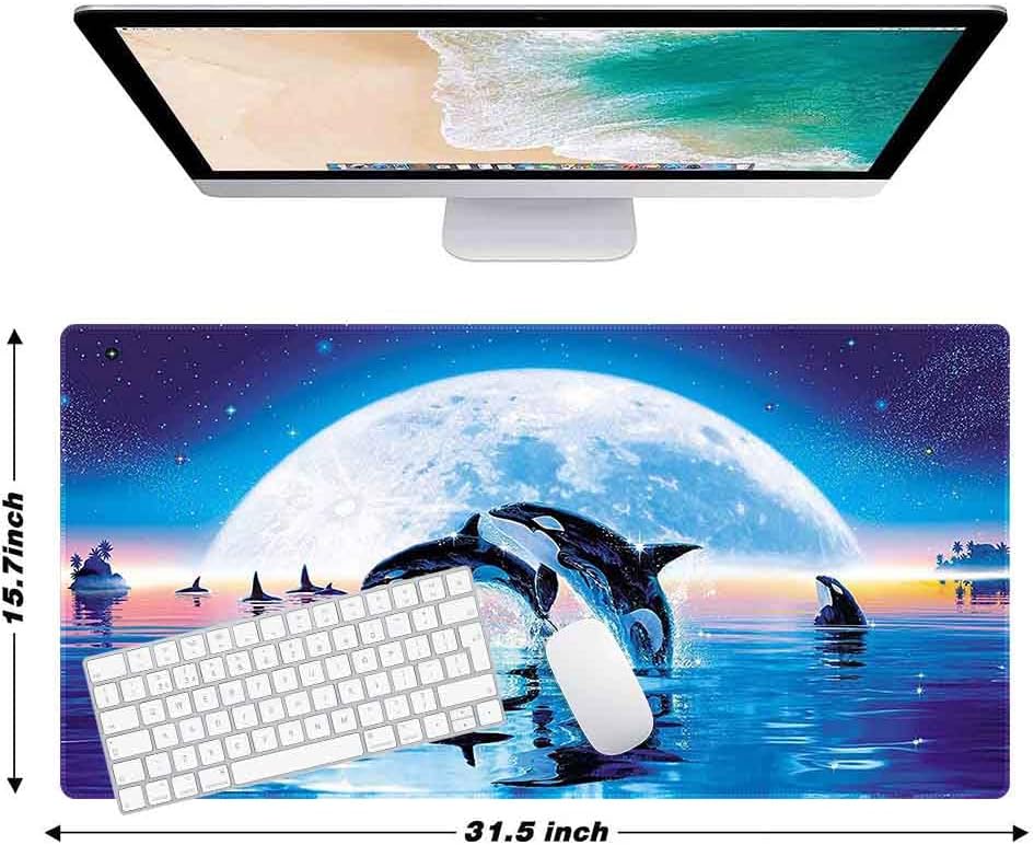 Alfombrilla de escritorio, alfombrilla de mouse grande para escritorio, alfombrilla de mouse para juegos, luz de luna y delfines, base de goma