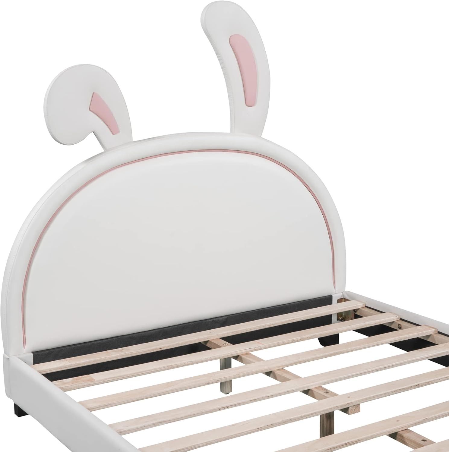 Brabrety Bonita cama tapizada de piel sintética de tamaño matrimonial con adorno de conejo y cabecero, para uso en la habitación de niños y niñas