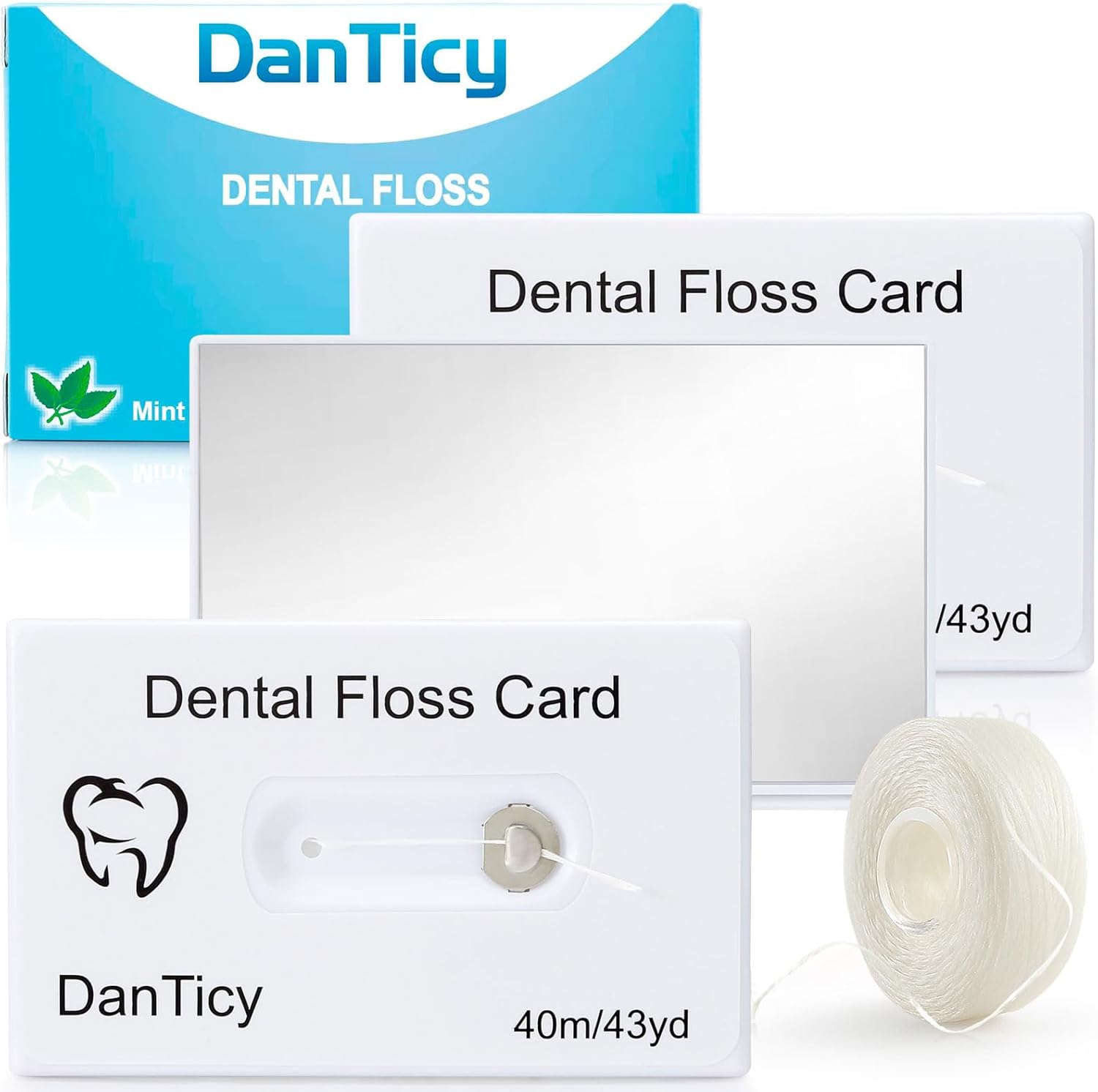 Hilo dental de limpieza profunda encerado en una tarjeta de crédito con espejo, perfecto para personas con espacios estrechos y pequeños entre los