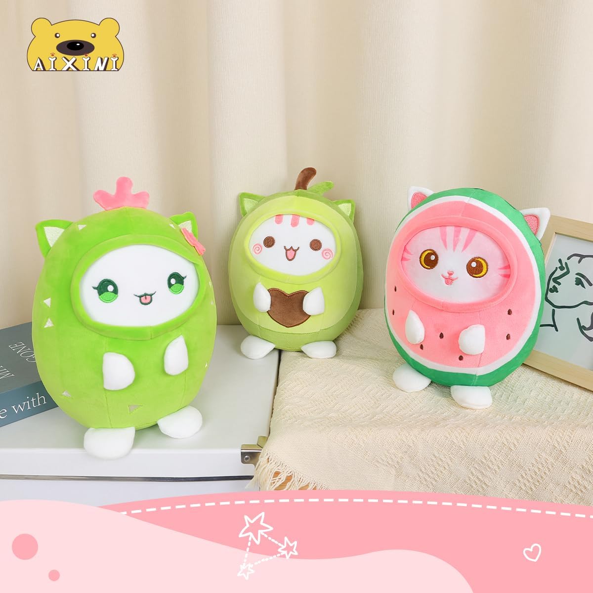 AIXINI Bonita almohada de peluche de gato sandía de 8 pulgadas, suave peluche Kawaii con traje de fruta, regalo para niños