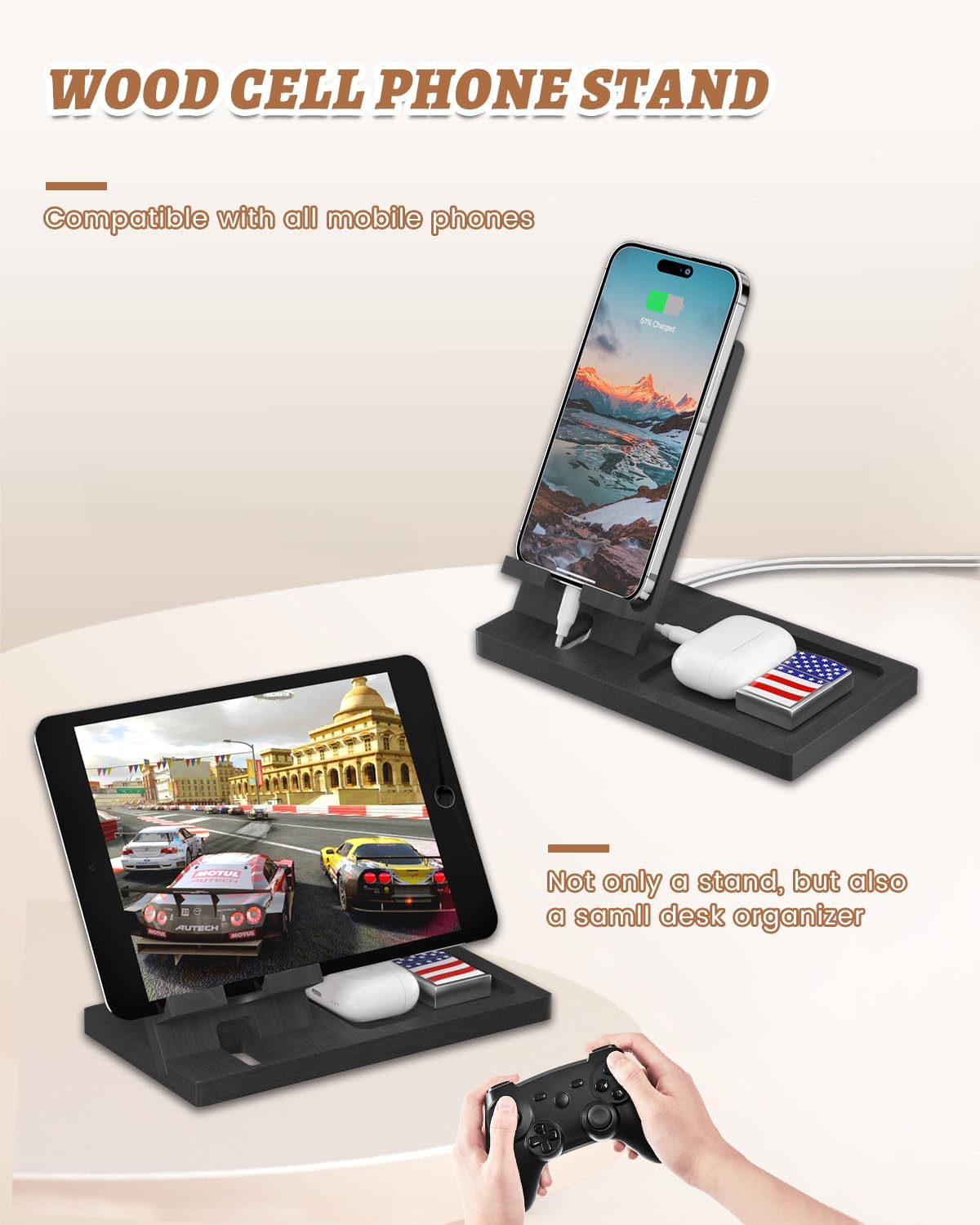 Soporte para teléfono celular, soporte portátil para teléfono, soporte transparente para escritorio (negro (con bandeja))