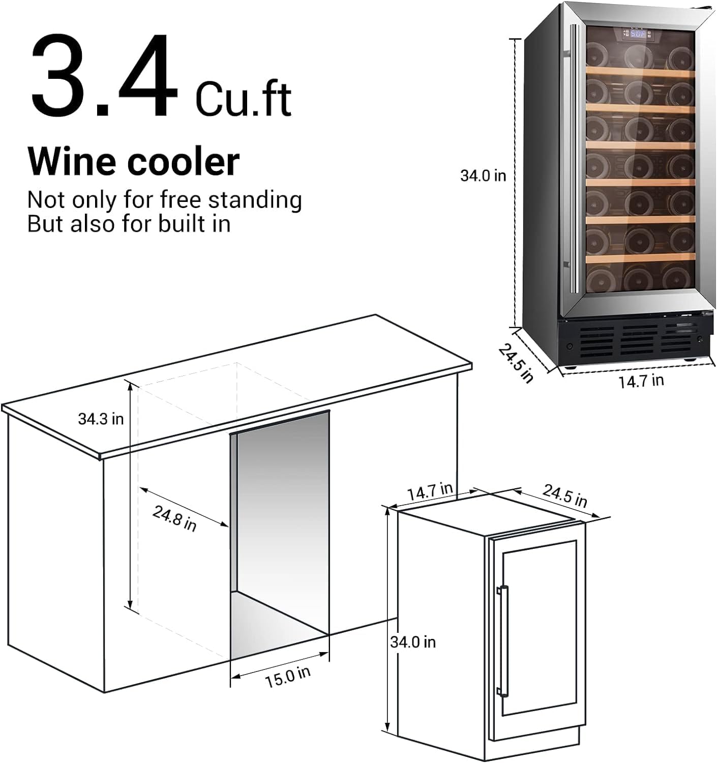 Enfriador de vino de 15 pulgadas debajo del mostrador, refrigerador de vino integrado de 33 botellas, puerta de vidrio debajo del gabinete, acero