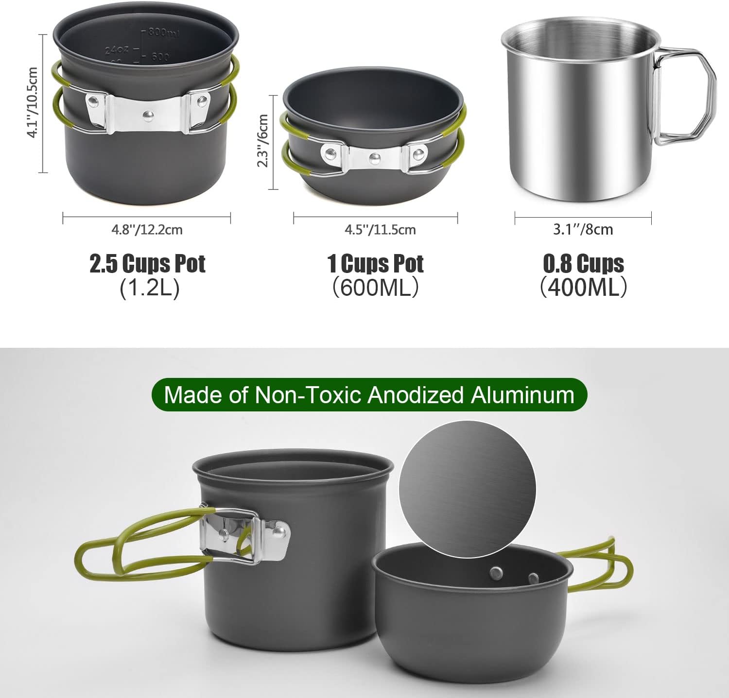 Odoland – Juego de 8 utensilios de cocina para acampar, juego de ollas y sartenes con mini estufa de mochilero, taza de acero inoxidable, soporte