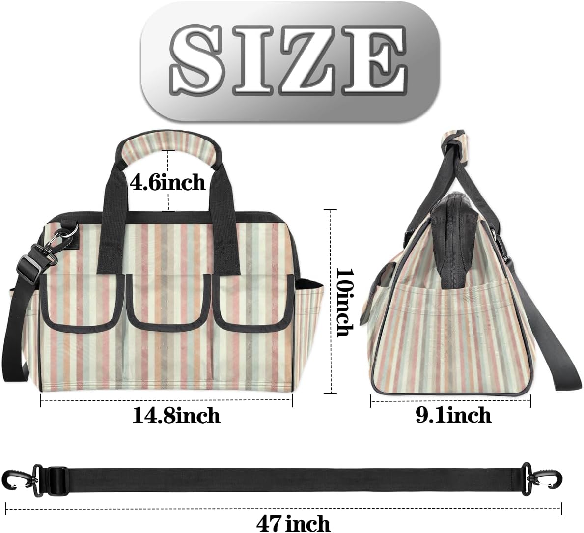 Retro Stripe Pastel Wide Mouth Tool Bags for Men and Women 14 Pockets Tool Tote Bag Pouch Heavy Duty Tool Organizer Bag with Adjustable Strape for