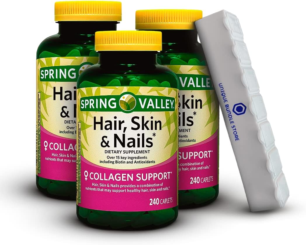 Spring Valley, Hair Skin and Nails Vitamins, Caplets Dietary, Hair Skin Nails Supplement, 240 Count + 7 Day Pill Organizer Included (Pack of 3)