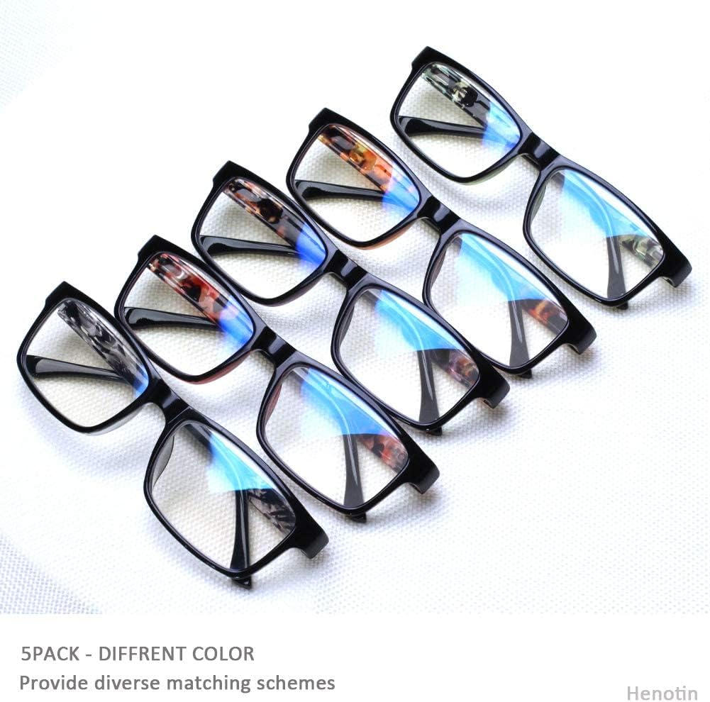 Henotin Paquete de 5 lentes de lectura con bloqueo de luz azul, lectores de bisagra de resorte para mujeres y hombres, anteojos con filtro de rayos